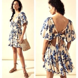 Free People Perfect Day Printed Floral Mini Dress Blue SZ S